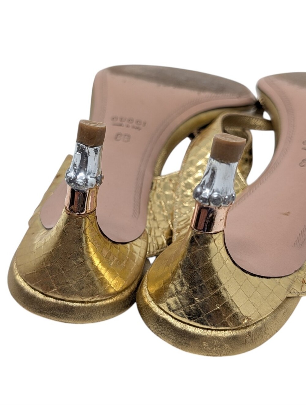 Gucci Tom Ford S/S 2004 Gold Metallic Green Python Bamboo Heel Sandals Size 8 - Picture 12 of 16